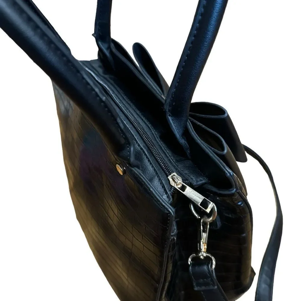 Grossi Croc Crocodile Embossed Satchel Handbag Purse with Large Bow
